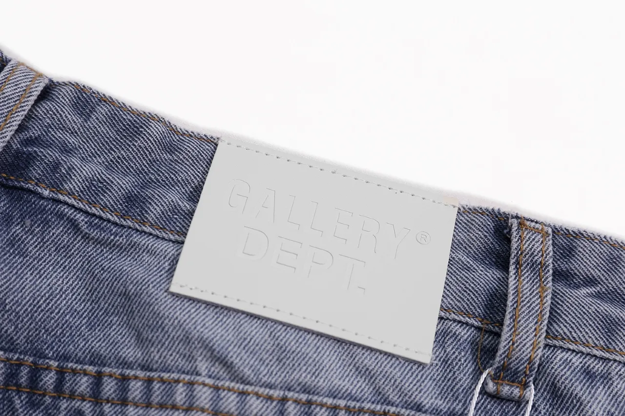 p240 (detail picture) 638#Gallery Dept new style splash ink hole knife cut washed blue micro-flare jeans versatile casual pants American high street trousers washed blue S~XL